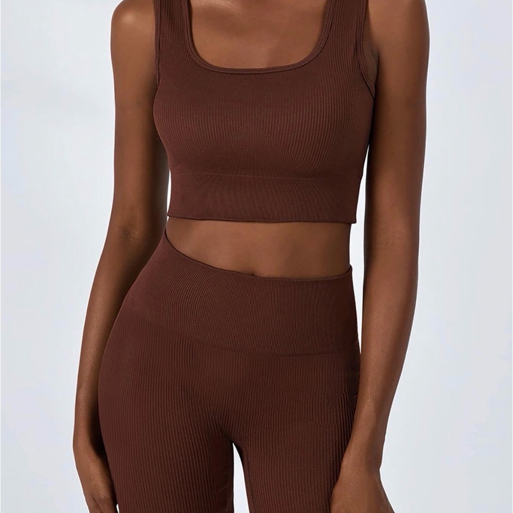 Brown Ribbed Crop Top and Shorts Set